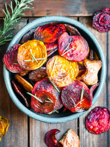 rainbow beet chips in a blue bowl