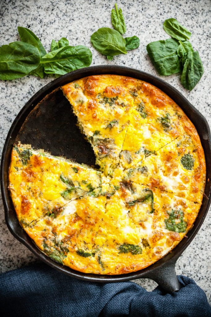 frittata in cast iron with basil overhead