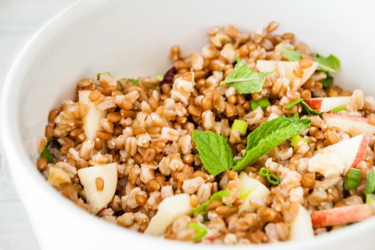 wheat berry salad close up in white bowl