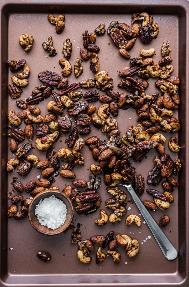 spiced nuts on baking sheet