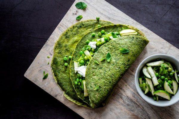 Sweet Pea Spinach Crepes with Whipped Goat Cheese | The Crooked Carrot