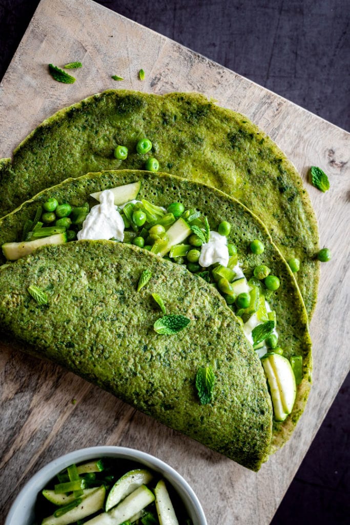 sweet pea spinach and goat cheese crepes