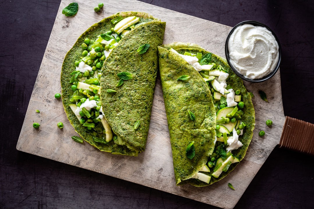 Sweet Pea Spinach Crepes with Whipped Goat Cheese | The Crooked Carrot