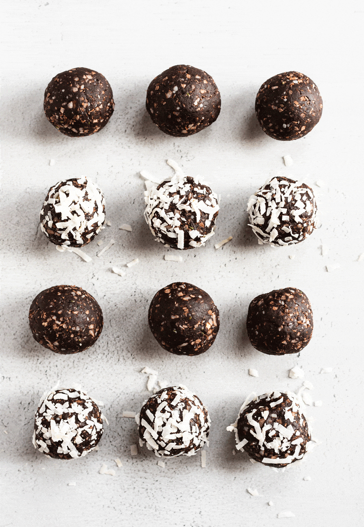 chocolate coconut energy balls in a grid