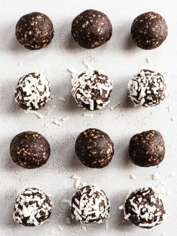 chocolate coconut energy balls in a grid
