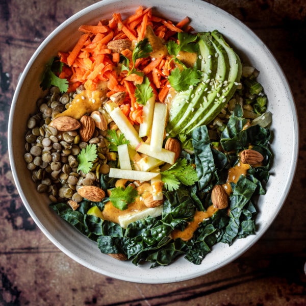 Nourishing Kale and Lentil Bowl with Pickled Carrots and Thai Almond ...