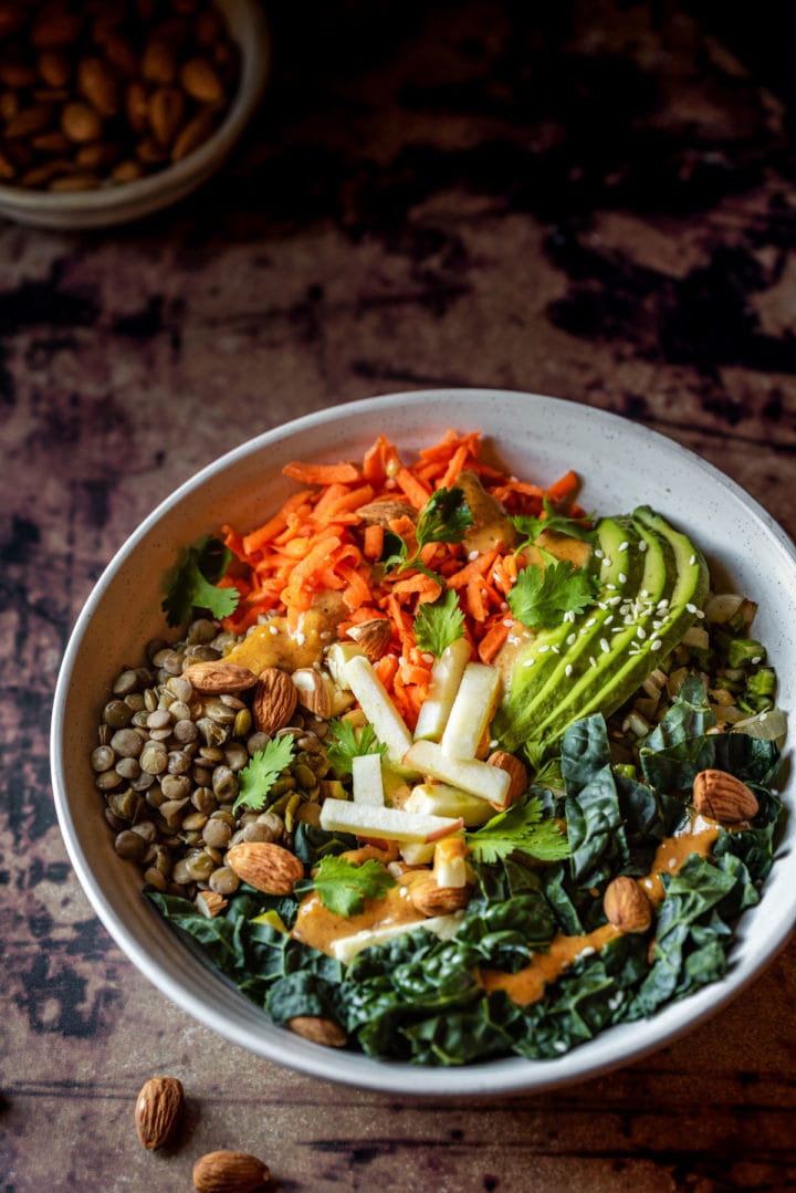 Nourishing Kale and Lentil Bowl with Pickled Carrots and Thai Almond ...