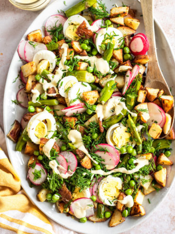 asparagus potato salad overhead with spoon
