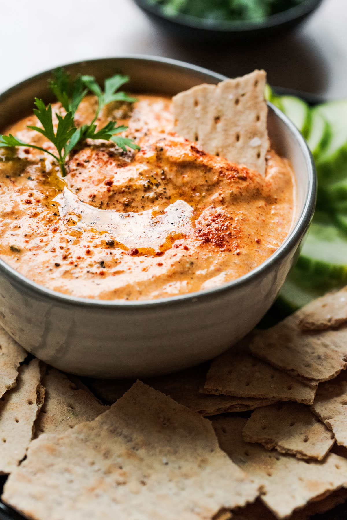 red pepper feta dip with crackers