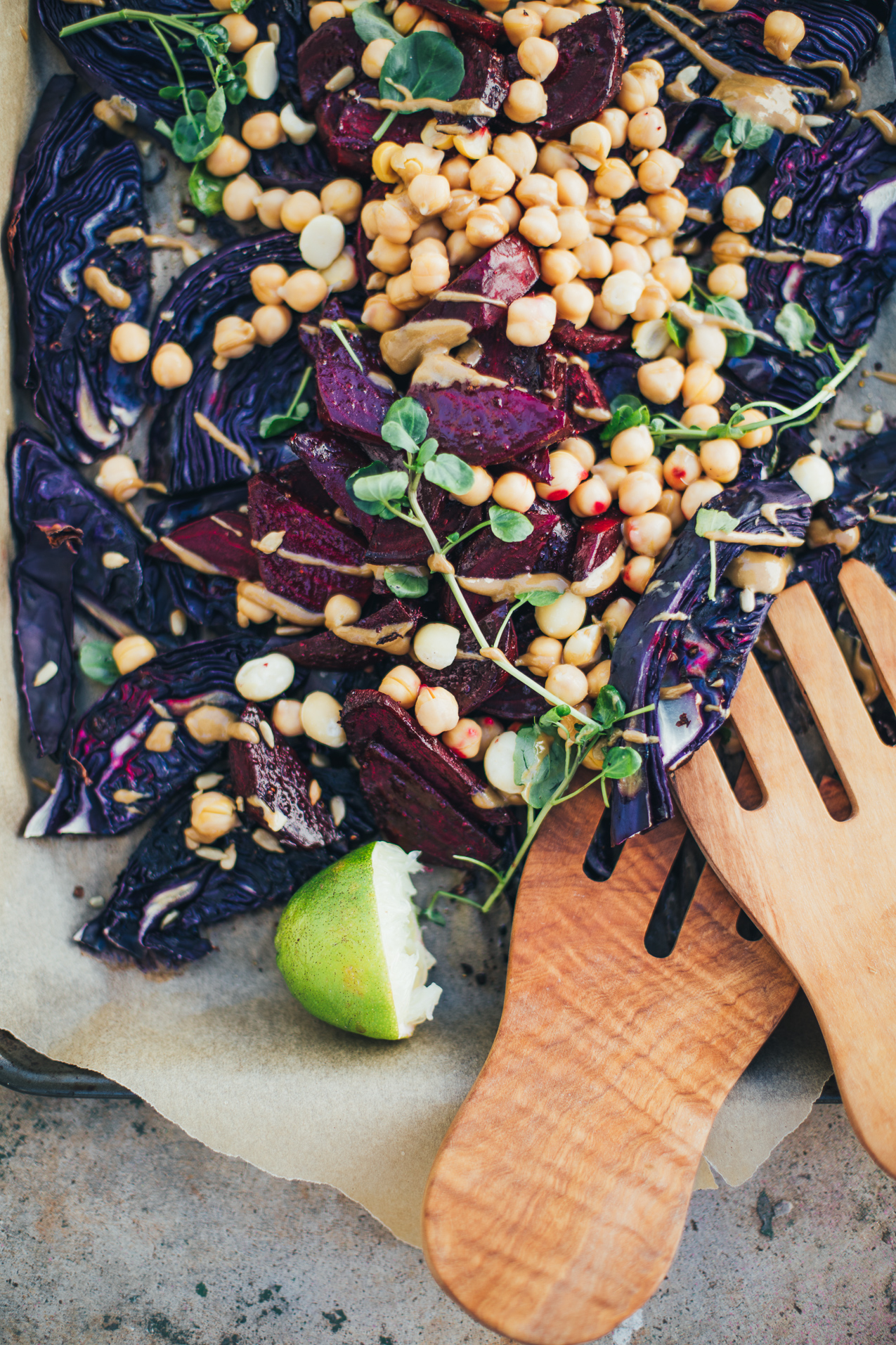 Overhead of red cabbage and beet salad with chickpeas